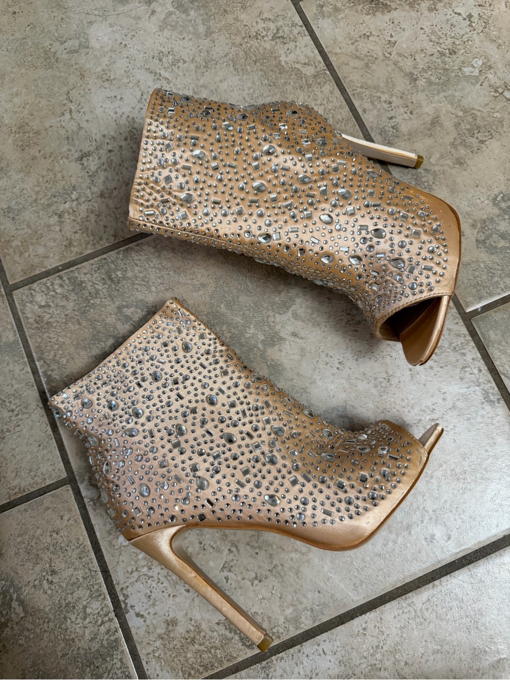 Nude Satin Rhinestone Boot Heels - Picture 4 of 5